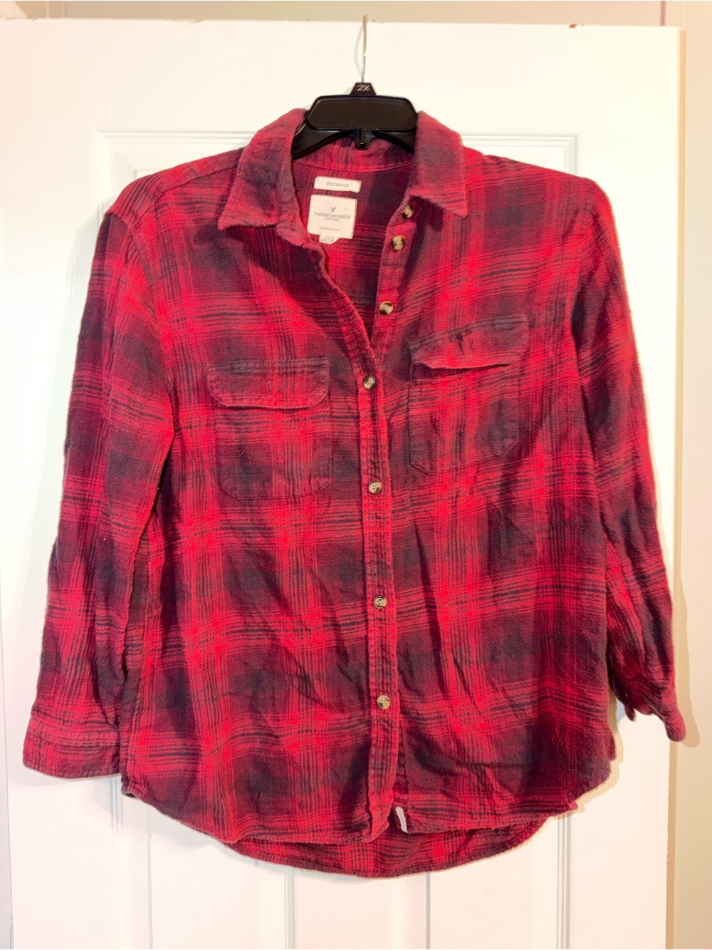 American Eagle Destroyed Oversized Plaid Flannel Shirt M Red